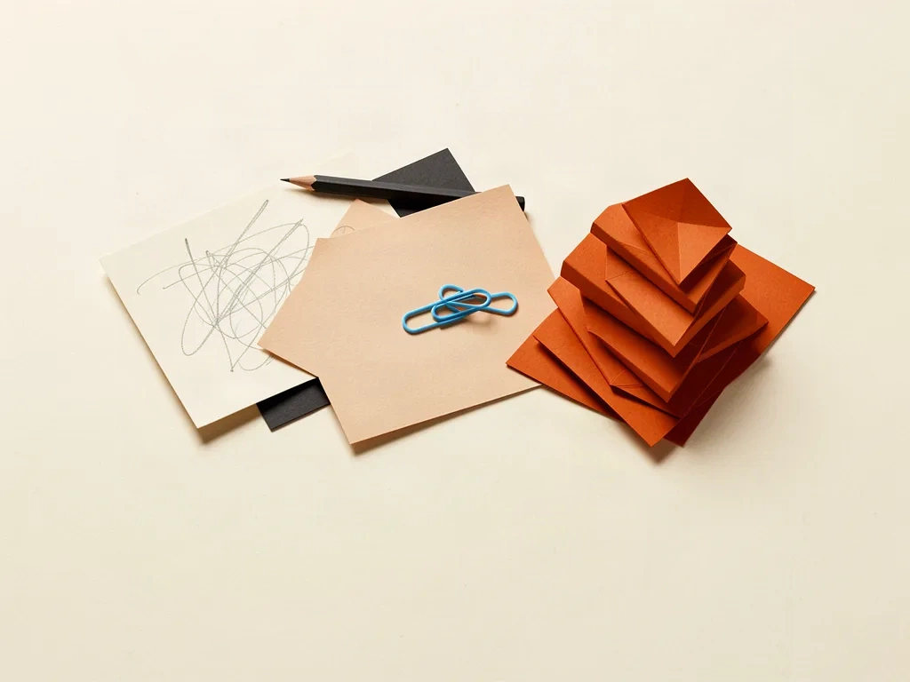 Loose ideas on paper become an orderly stack ready for handoff.